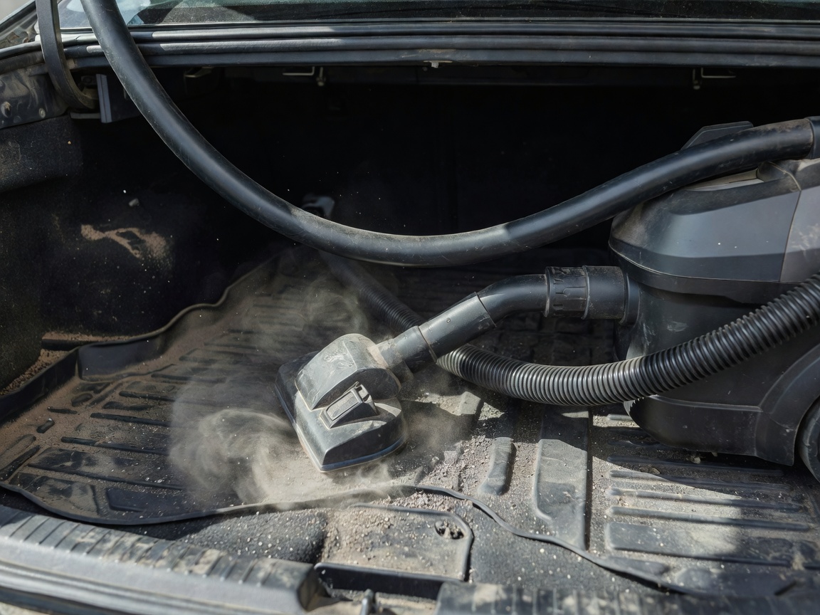 A heavy duty vacuum suction cleaner extracting dust and trapped grit from high-use car trunk and footwells