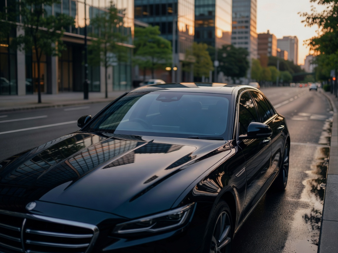 An executive saloon company car reflecting the surrounding environment in its polished paintwork