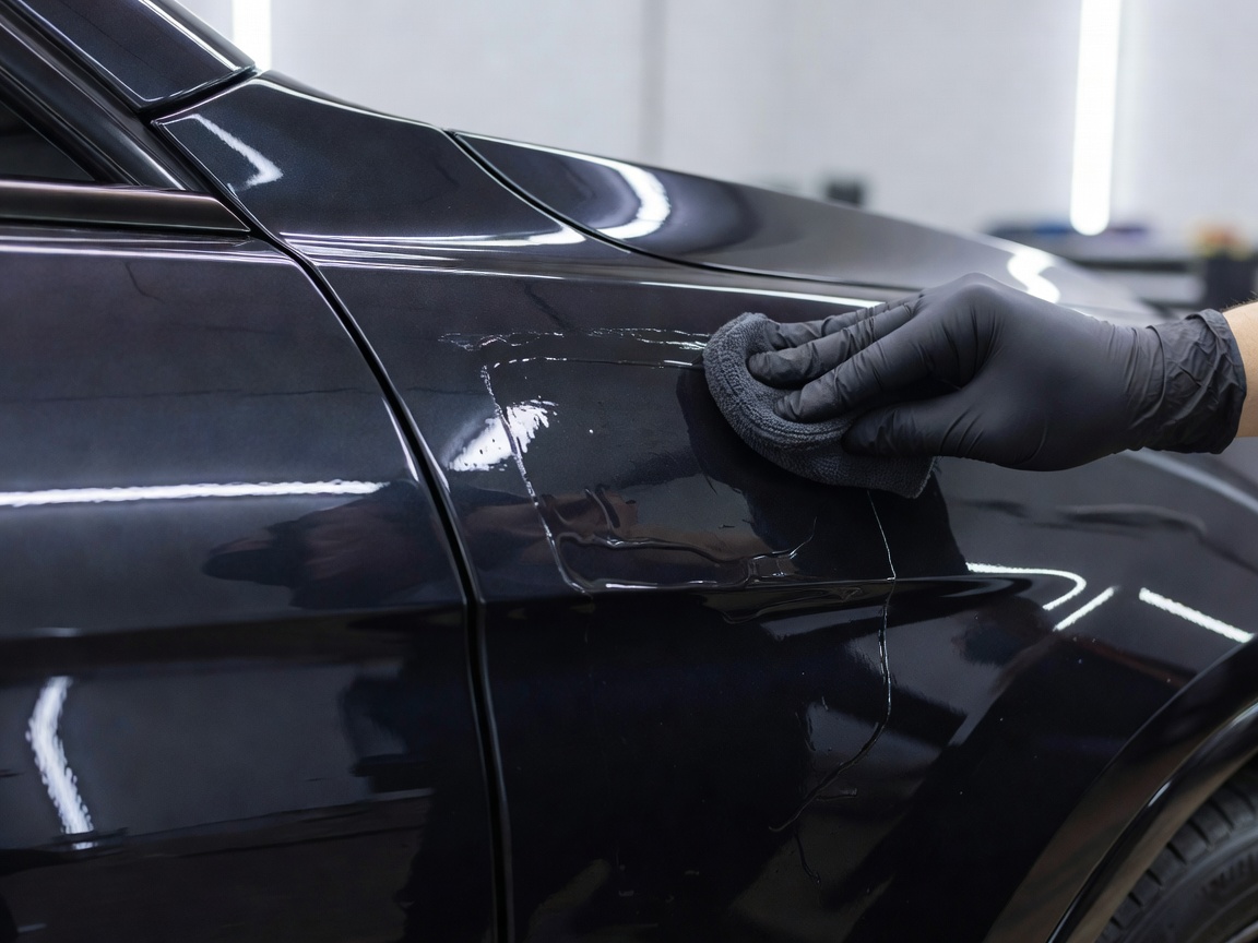 Applying a protective quartz ceramic coating shield on shiny dark gloss paintwork