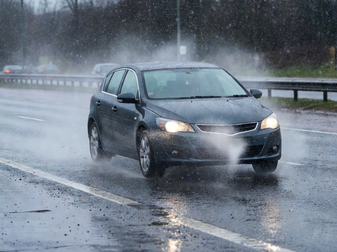 Commuting vehicle driving on wet UK highway road with winter road spray and rain drops