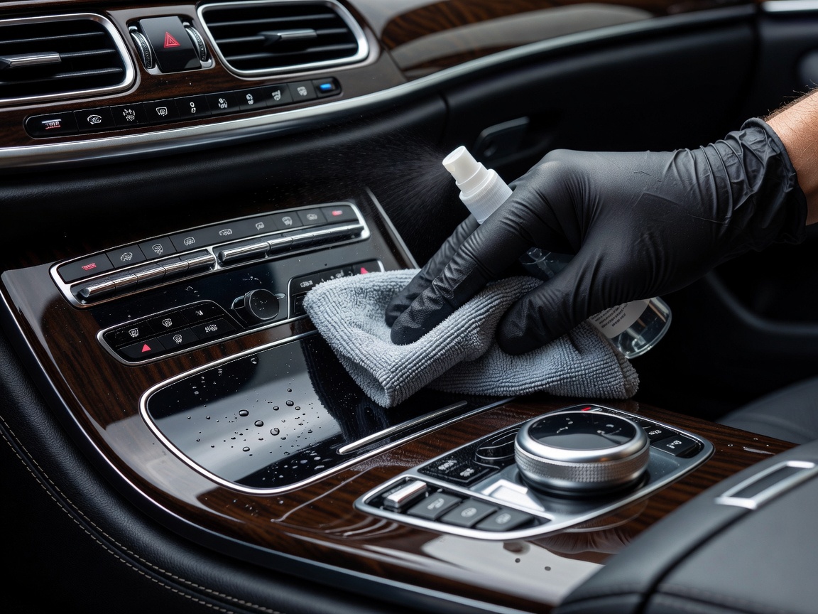 Professional dual-action car interior vacuuming and center console detailing