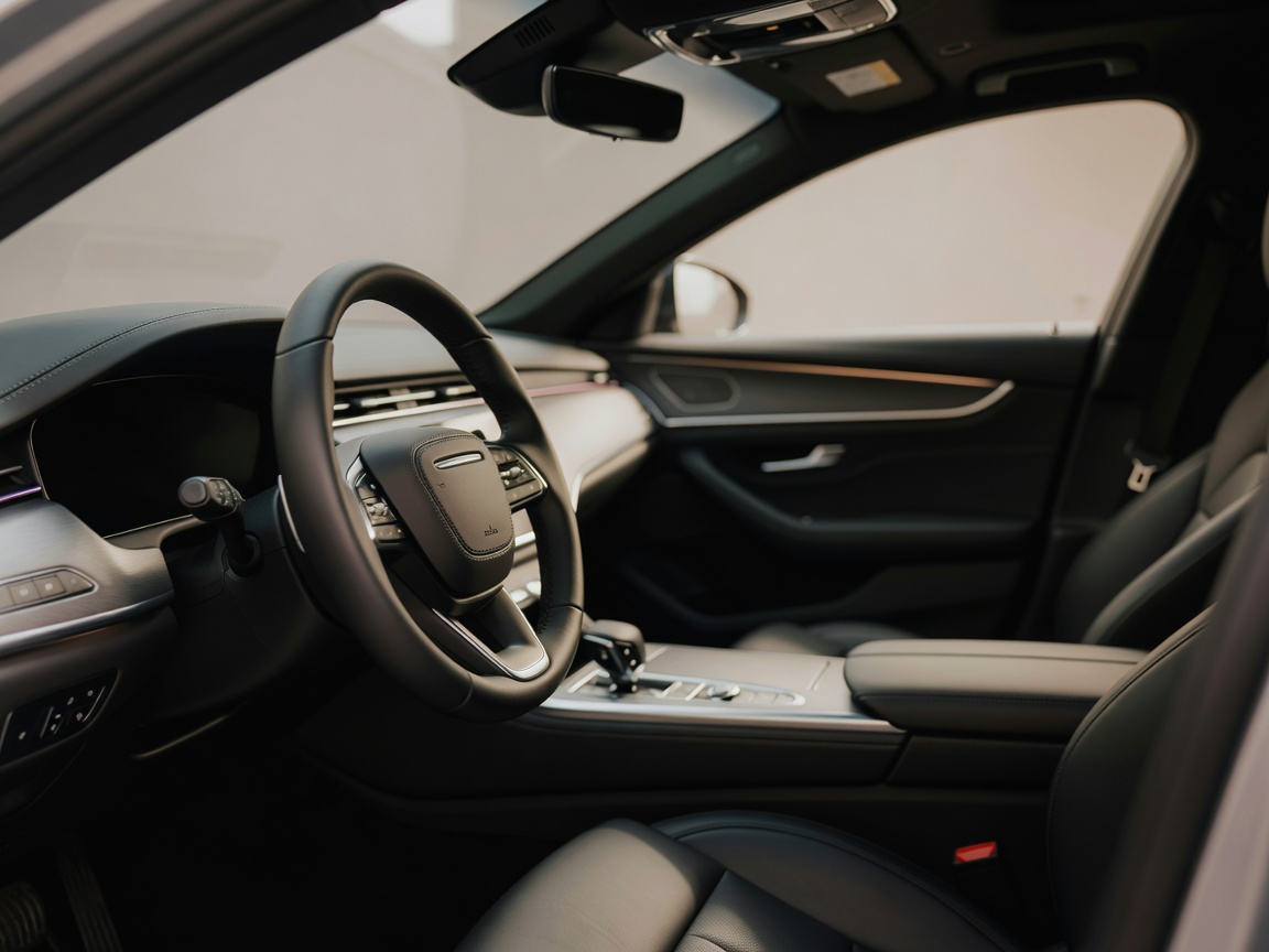 Detailed luxury car interior cabin showing a pristine leather steering wheel and clean front console cockpit