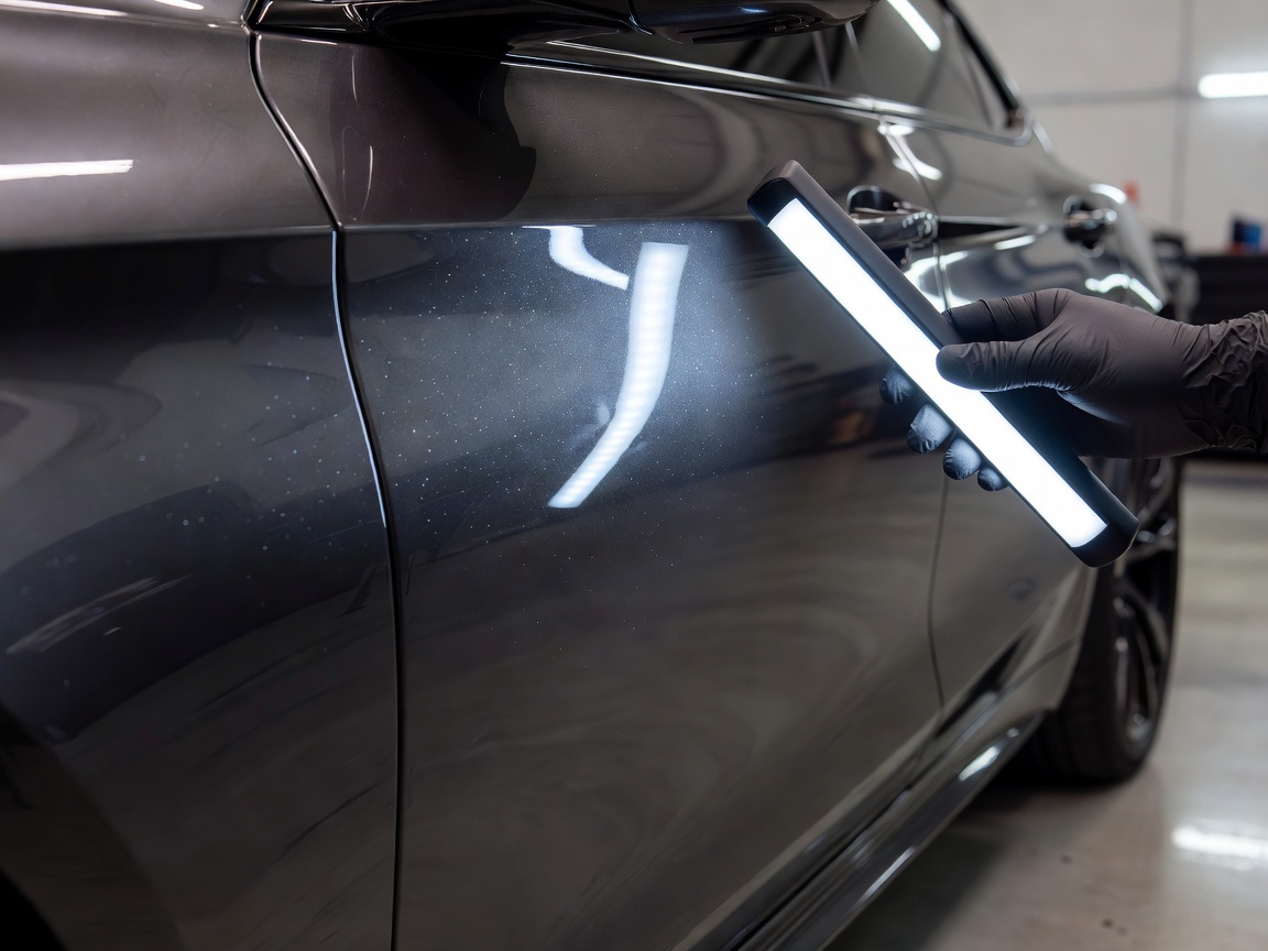 Detailing inspection light examining glossy metallic clear coat on a premium vehicle's door panels
