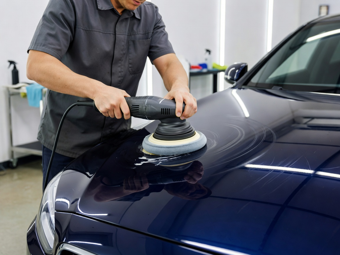 Professional technician using a dual-action machine polisher to remove fine swirl marks from a dark blue car clear coat