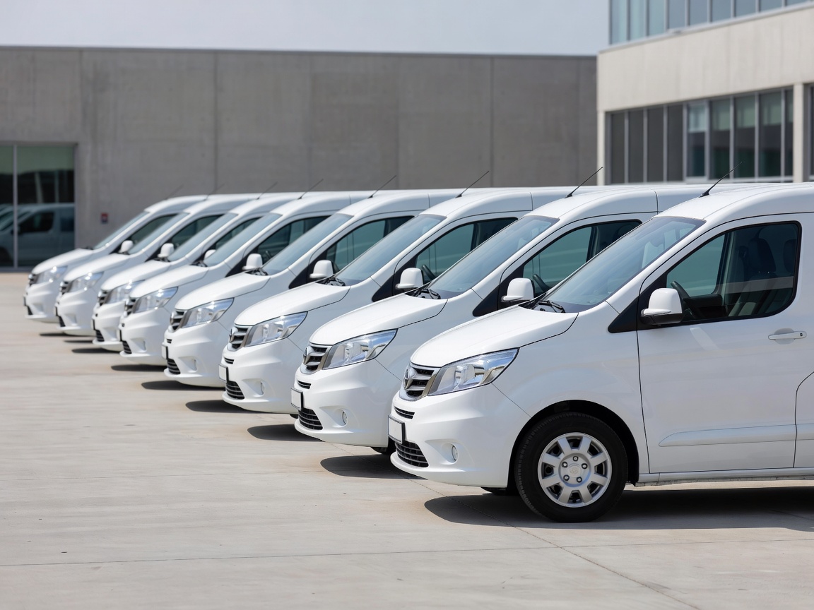 Row of professionally washed and pristine commercial delivery vans representing corporate cleanliness