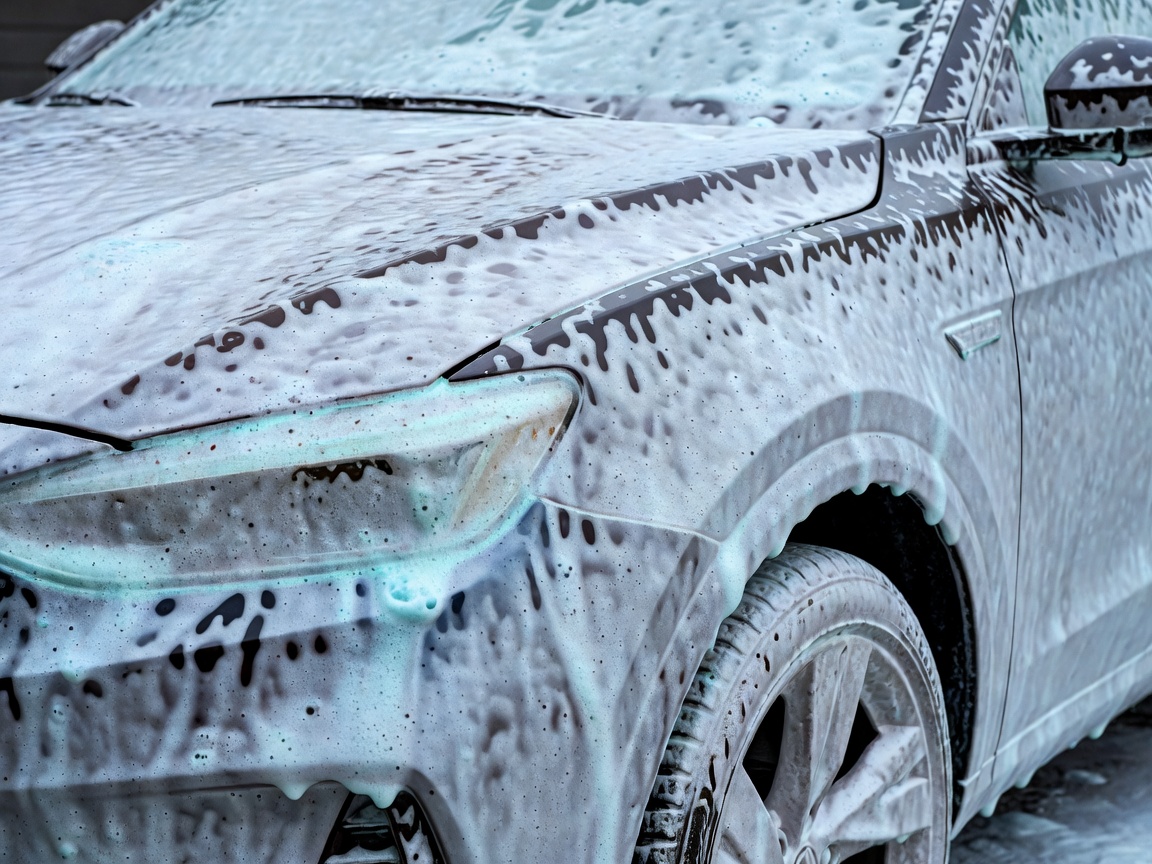 Thick active snow foam clinging to a vehicle exterior to safely encapsulate dirt particles before rinsing